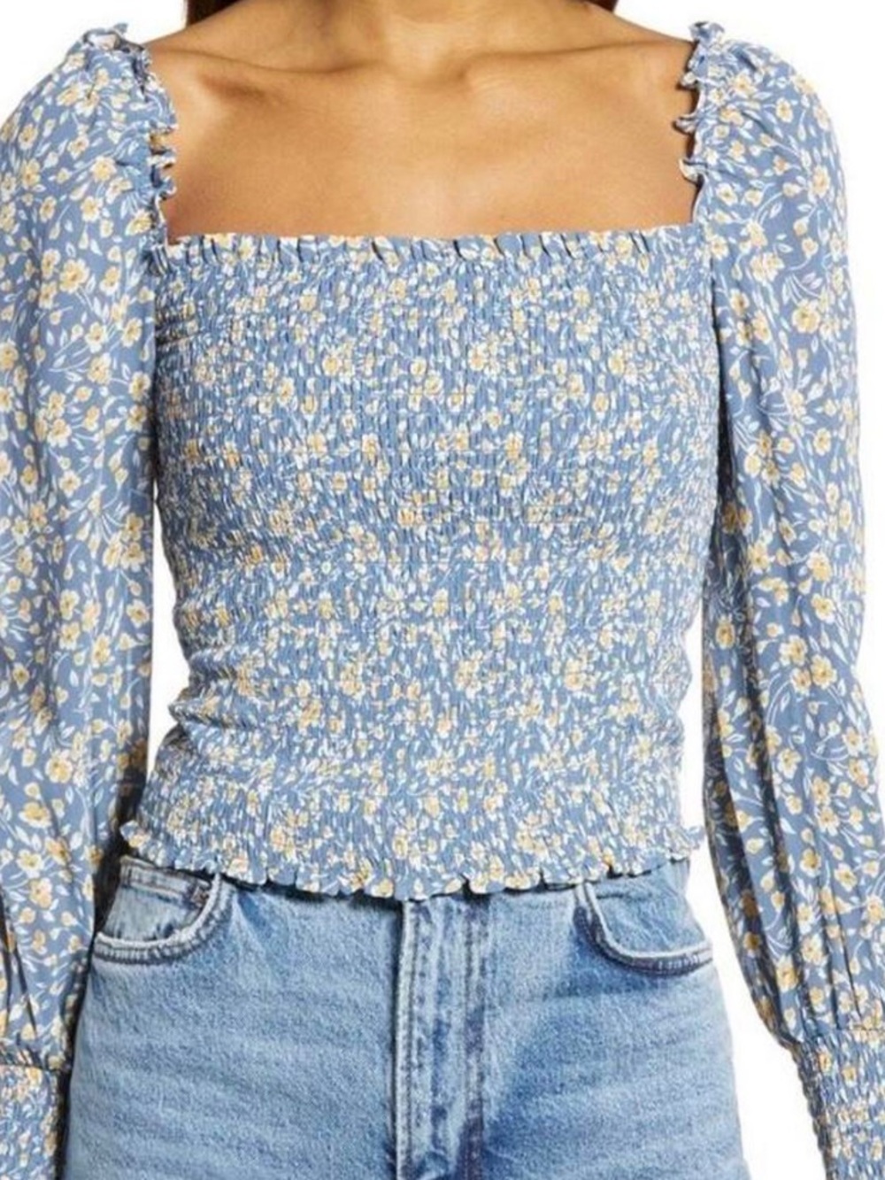 GB girls Blue Floral Smocked Square-Neck Blouse